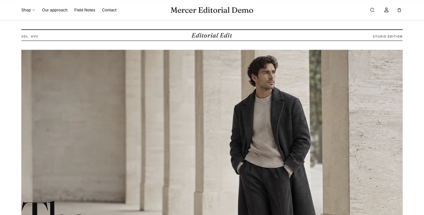 Mercer Editorial demo storefront with a tailored menswear campaign