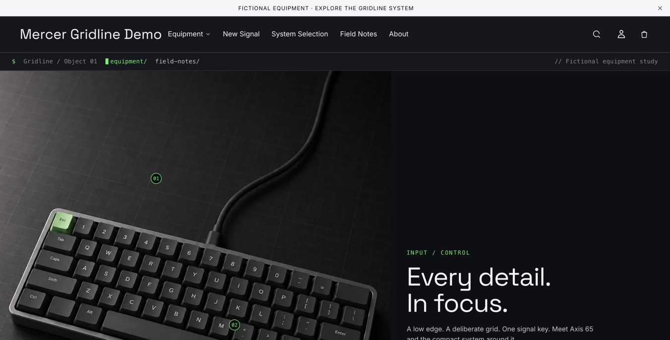 Mercer Gridline demo storefront with a dark technical layout for a compact mechanical keyboard