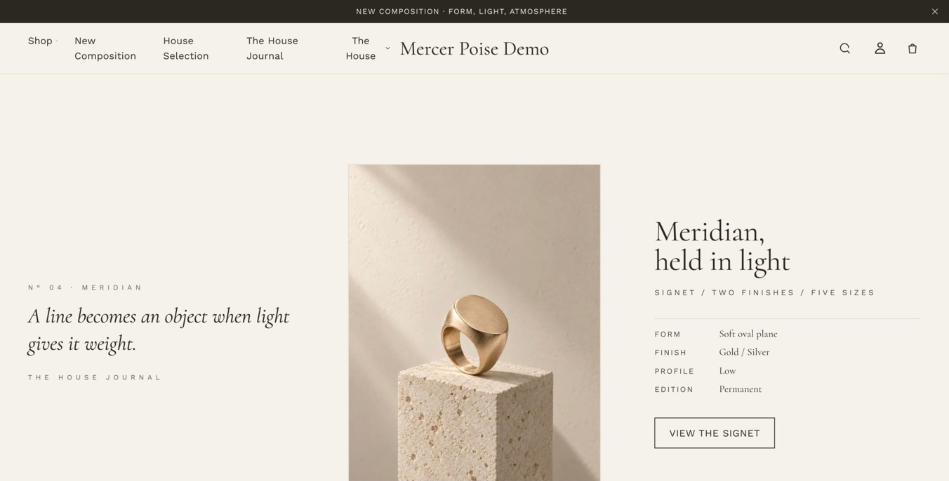 Mercer Poise demo storefront with a gold signet ring for a jewellery and fragrance brand